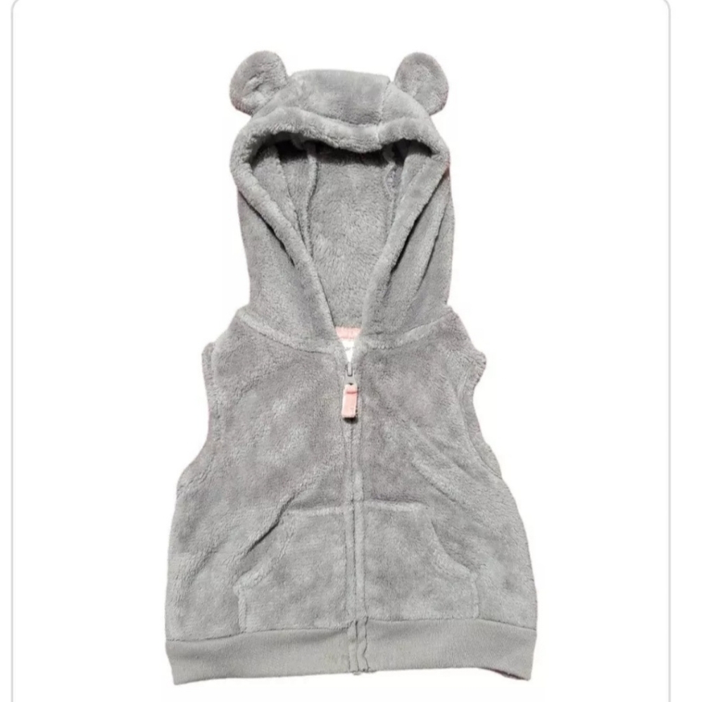 Baby Girl 6 Month Gray Hooded Vest Zip Up Bear Ears Faux Fur Pocket Coat Infant